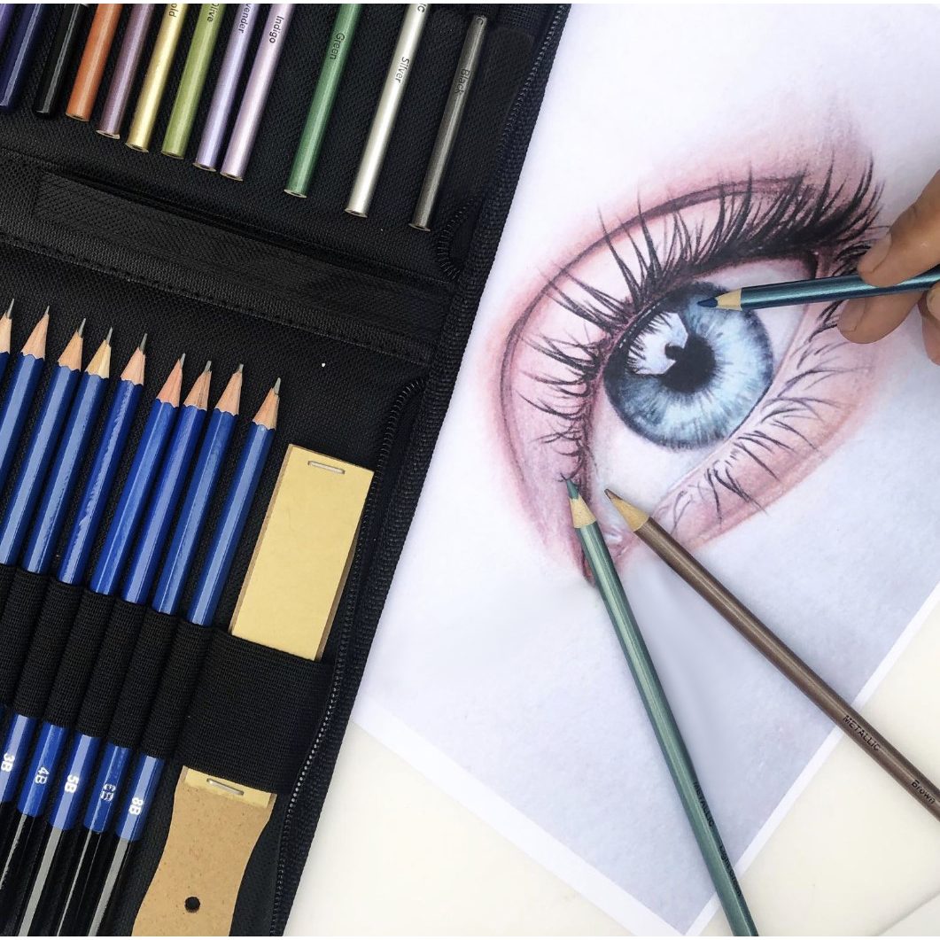 Skissset 74 delar – professionella ritpennor med fodral