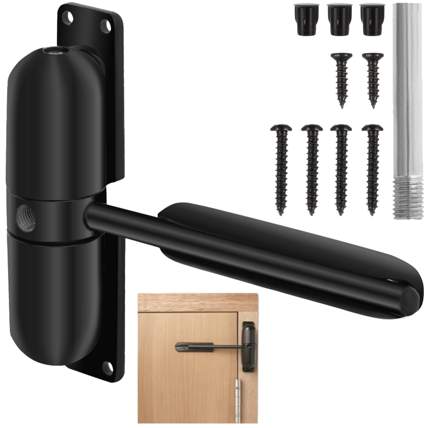 Robust dörrstängare – svart design med arm, för tyst och kontrollerad stängning (upp till 60 kg)