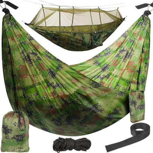 Camouflage hängmatta med integrerat myggnät – perfekt för camping & äventyr