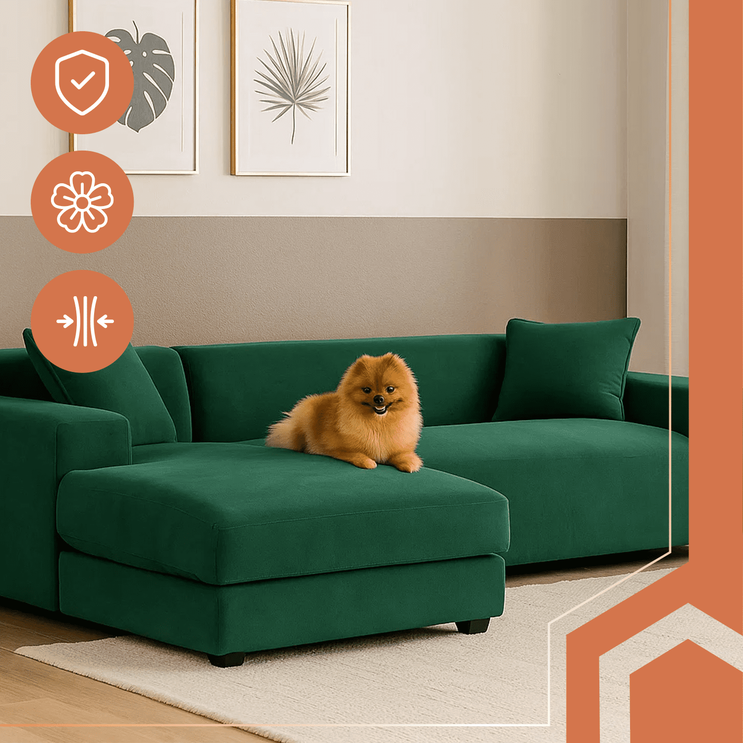 Vattentät Hörnsoffklädsel i Elastisk Velour – Grön, Passar 190–230 cm