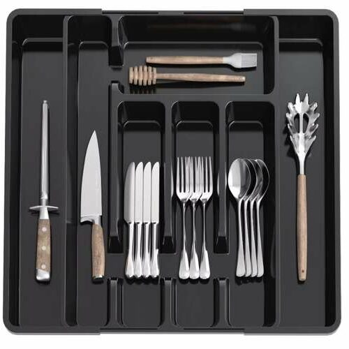 Justerbar bestickinsats – utdragbar organisatör i svart plast för kökslådor