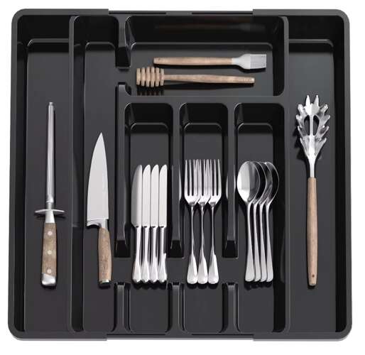 Justerbar bestickinsats – utdragbar organisatör i svart plast för kökslådor