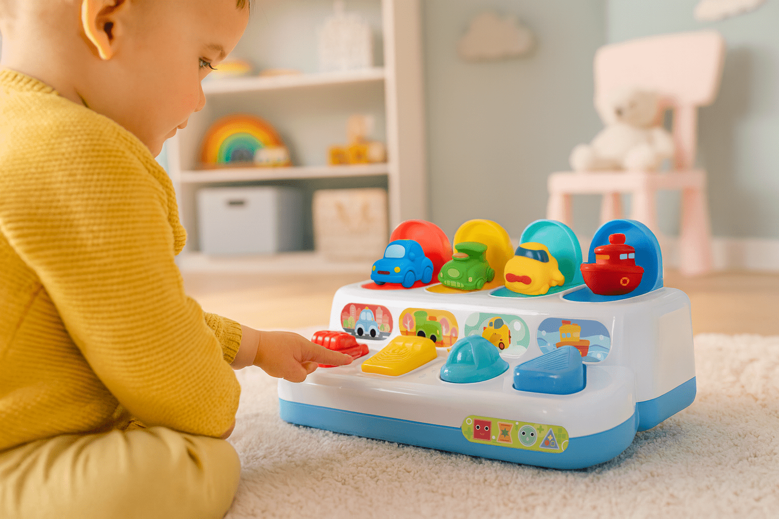 Interaktiv Pop-Up Leksak för små barn – 4 roliga fordon & sensorisk utveckling (18 mån+)