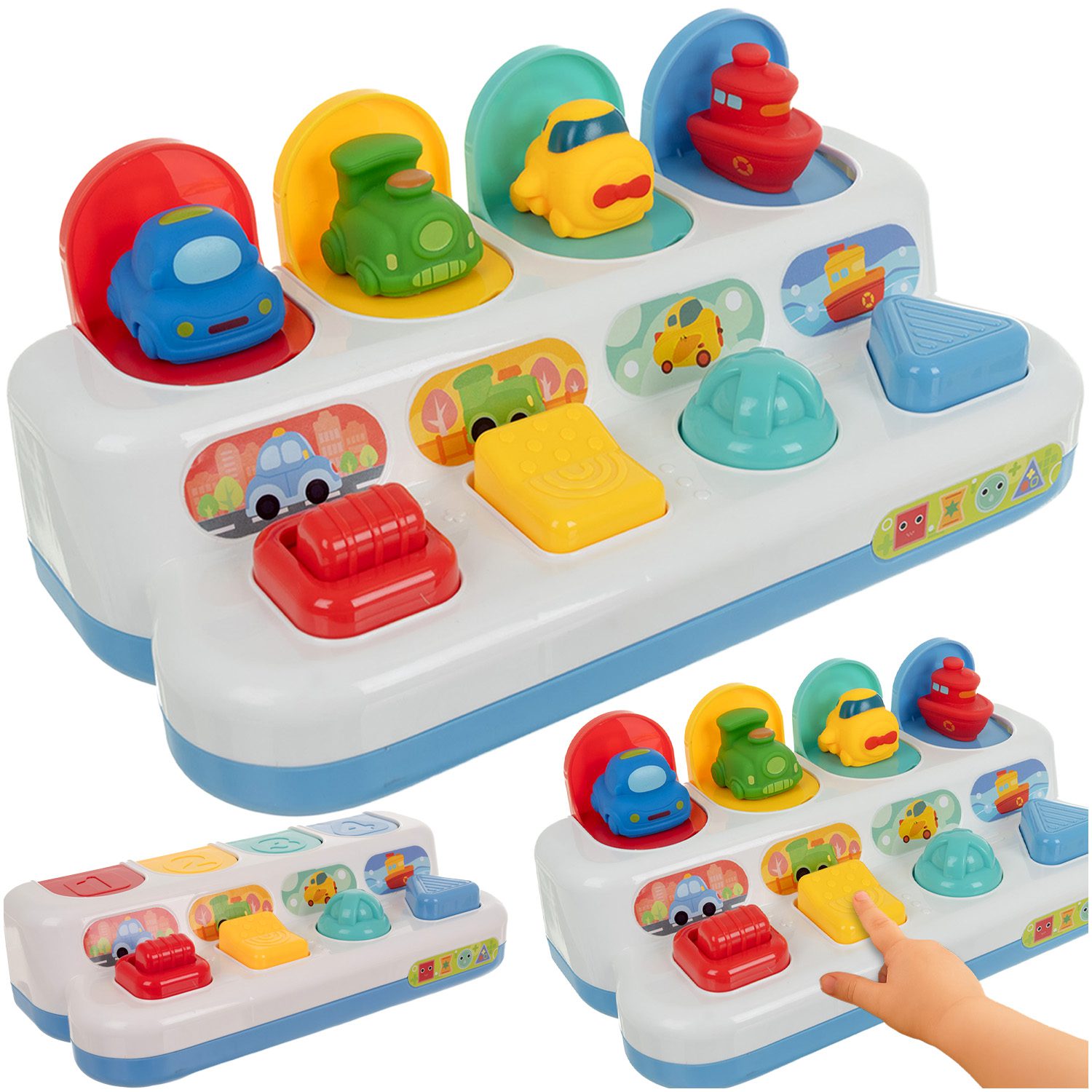 Interaktiv Pop-Up Leksak för små barn – 4 roliga fordon & sensorisk utveckling (18 mån+)
