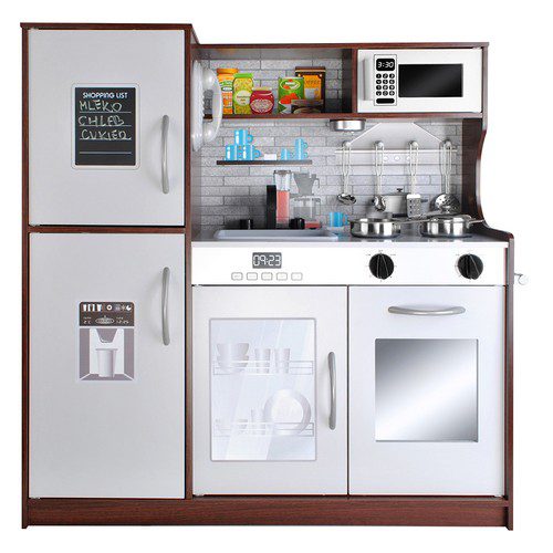 Leksakskök i trä med ljud, ljus och tillbehör – stort barnkök 80 × 24 × 80,5 cm, brun/grå
