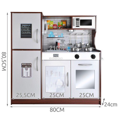 Leksakskök i trä med ljud, ljus och tillbehör – stort barnkök 80 × 24 × 80,5 cm, brun/grå