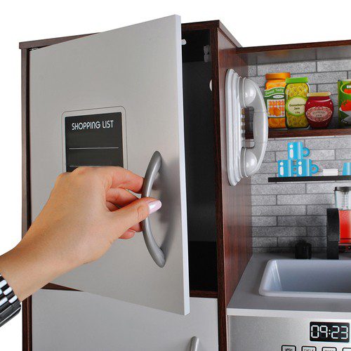 Leksakskök i trä med ljud, ljus och tillbehör – stort barnkök 80 × 24 × 80,5 cm, brun/grå