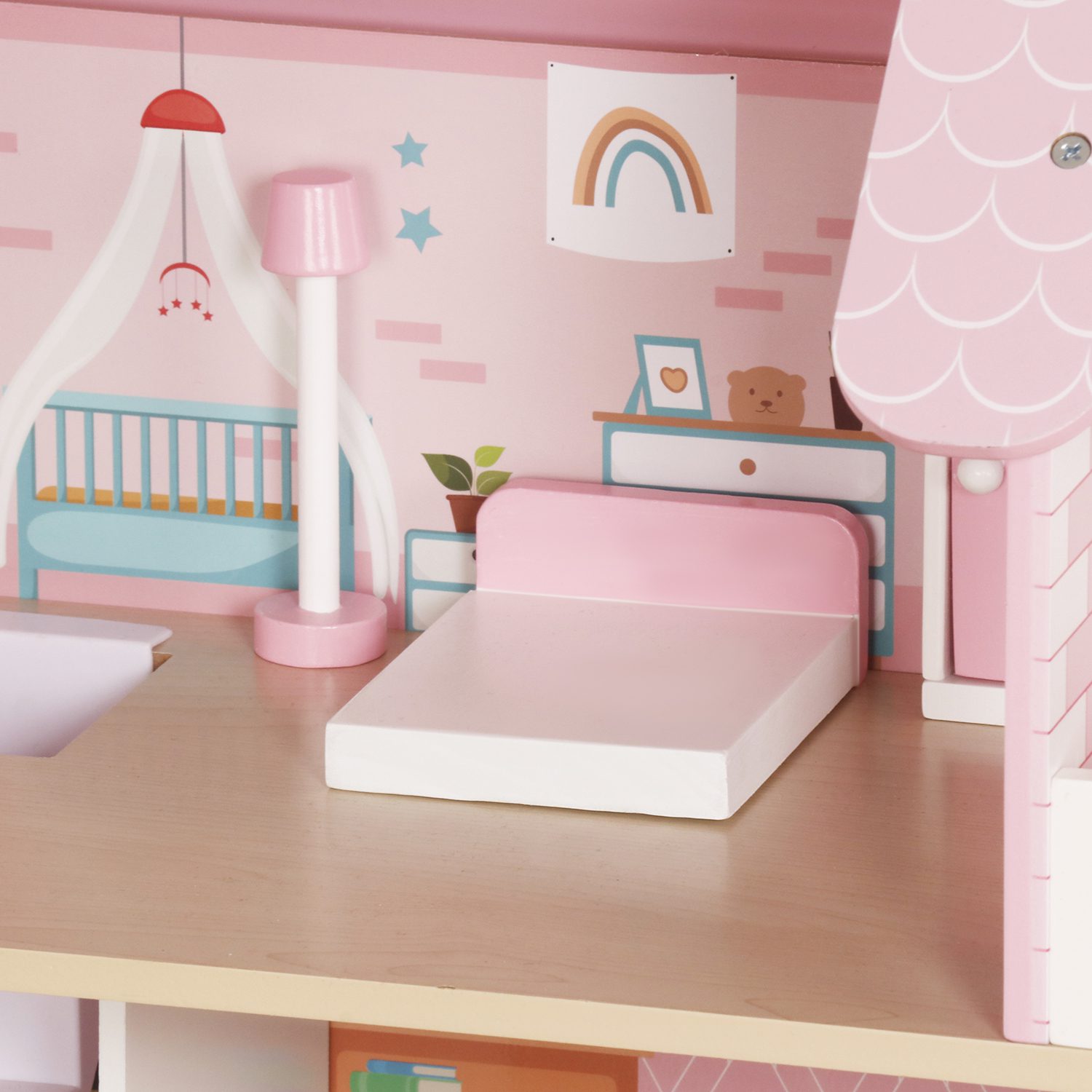 KRUZZEL Dockhus i trä, 3 våningar med möbler och LED-ljus – Flerfärgat – 27 × 62 × 70 cm