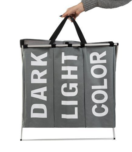 Tvättkorg med tre avdelningar – extra stor 130 L, grå