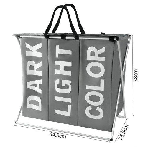 Tvättkorg med tre avdelningar – extra stor 130 L, grå