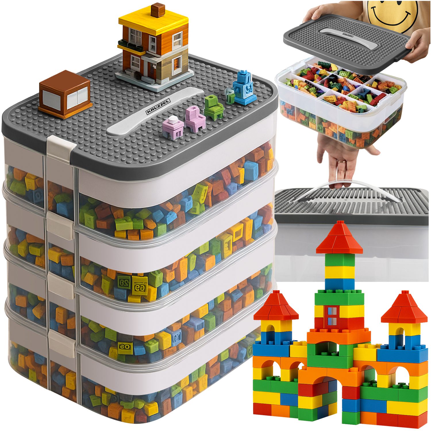 Bygglåda för klossar – 22 L klossförvaring i 3 våningar med lock, transparent design