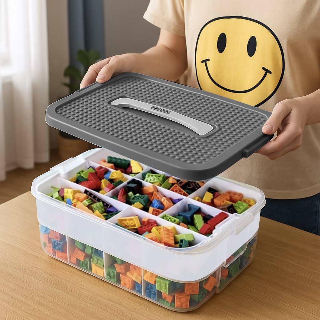 Bygglåda för klossar – 22 L klossförvaring i 3 våningar med lock, transparent design