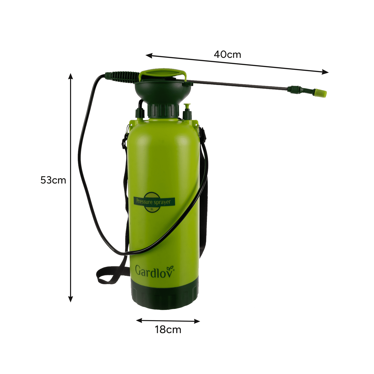 Handhållen trädgårdsspruta 8 L – lång lans, 140 cm räckvidd, slang & axelrem