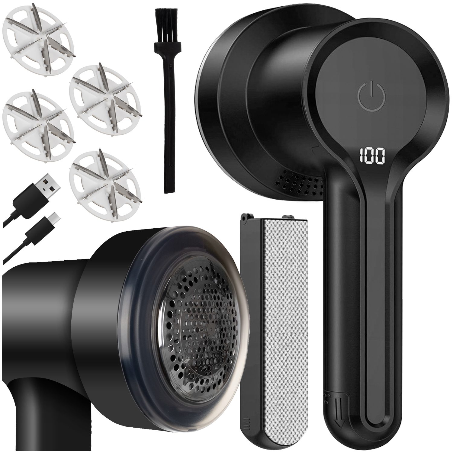 2-i-1 luddrakapparat och textilborste – elektrisk, trådlös, kraftfull och utrustad med 4 rostfria blad + tillbehör