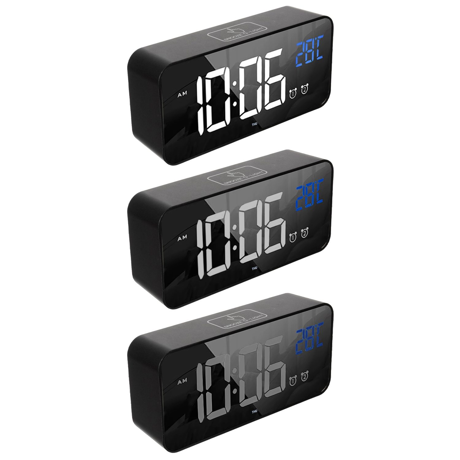 Modern LED-väckarklocka i svart – högljudd alarmklocka med snooze, röst-/ljudaktivering, datum- & temperaturvisning