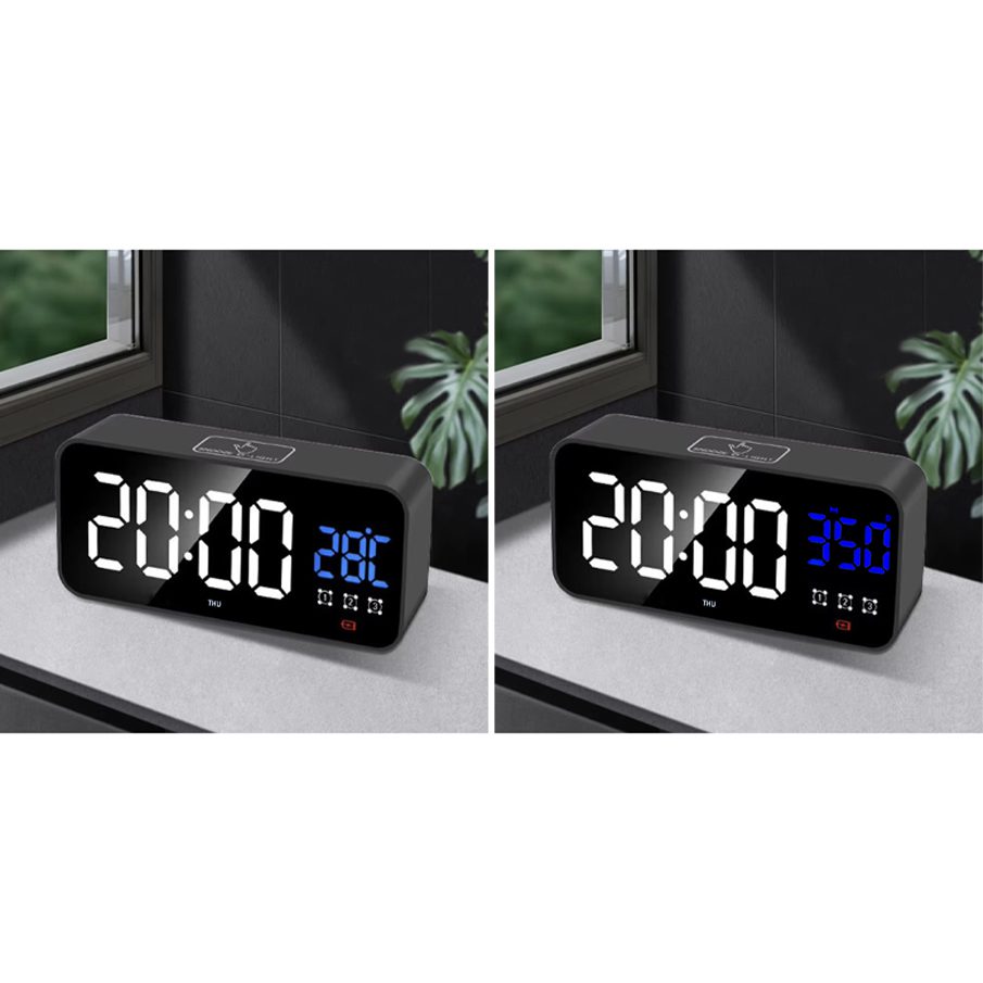 Modern LED-väckarklocka i svart – högljudd alarmklocka med snooze, röst-/ljudaktivering, datum- & temperaturvisning