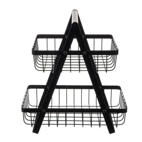 Tvåvånings fruktkorg – metall med trähandtag