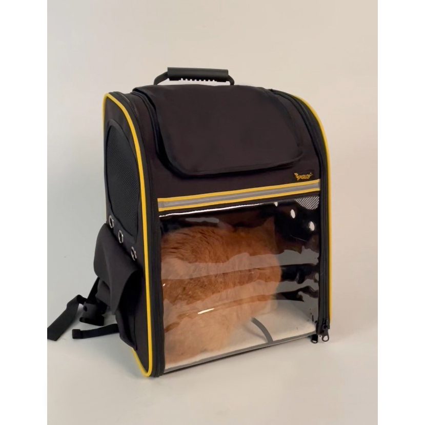 Ryggsäck för katt & hund – ventilerad modell med fickor, transparent front, 35×41,5×28 cm (max 7 kg), svart
