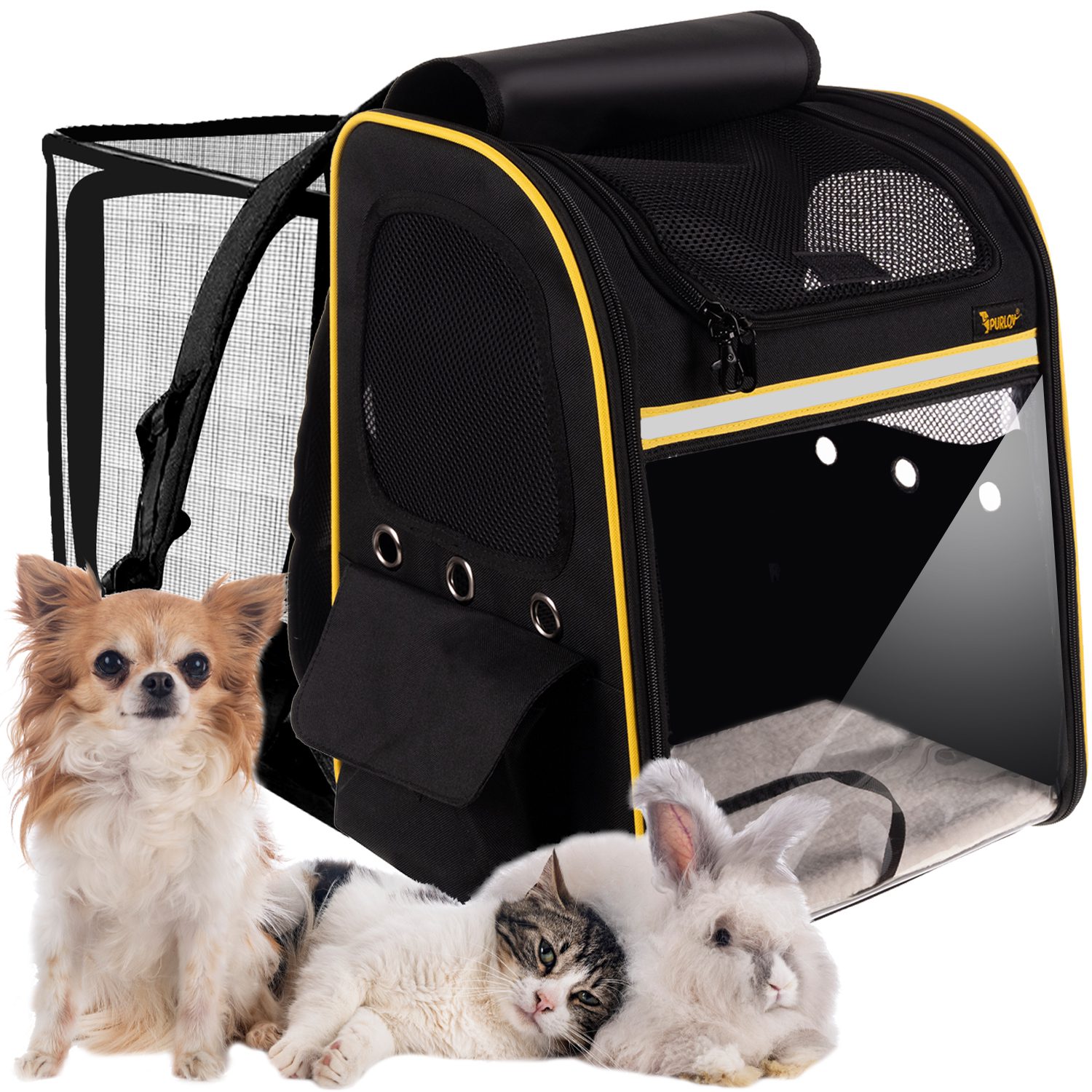 Ryggsäck för katt & hund – ventilerad modell med fickor, transparent front, 35×41,5×28 cm (max 7 kg), svart