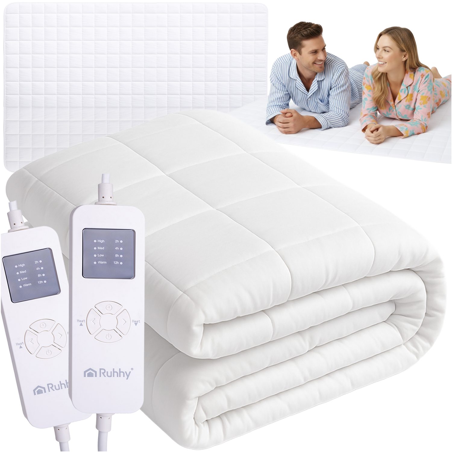 Dubbel Elektrisk Bäddmadrass 203×152 cm Vit med 9 Värmenivåer, Timer och Två Fjärrkontroller