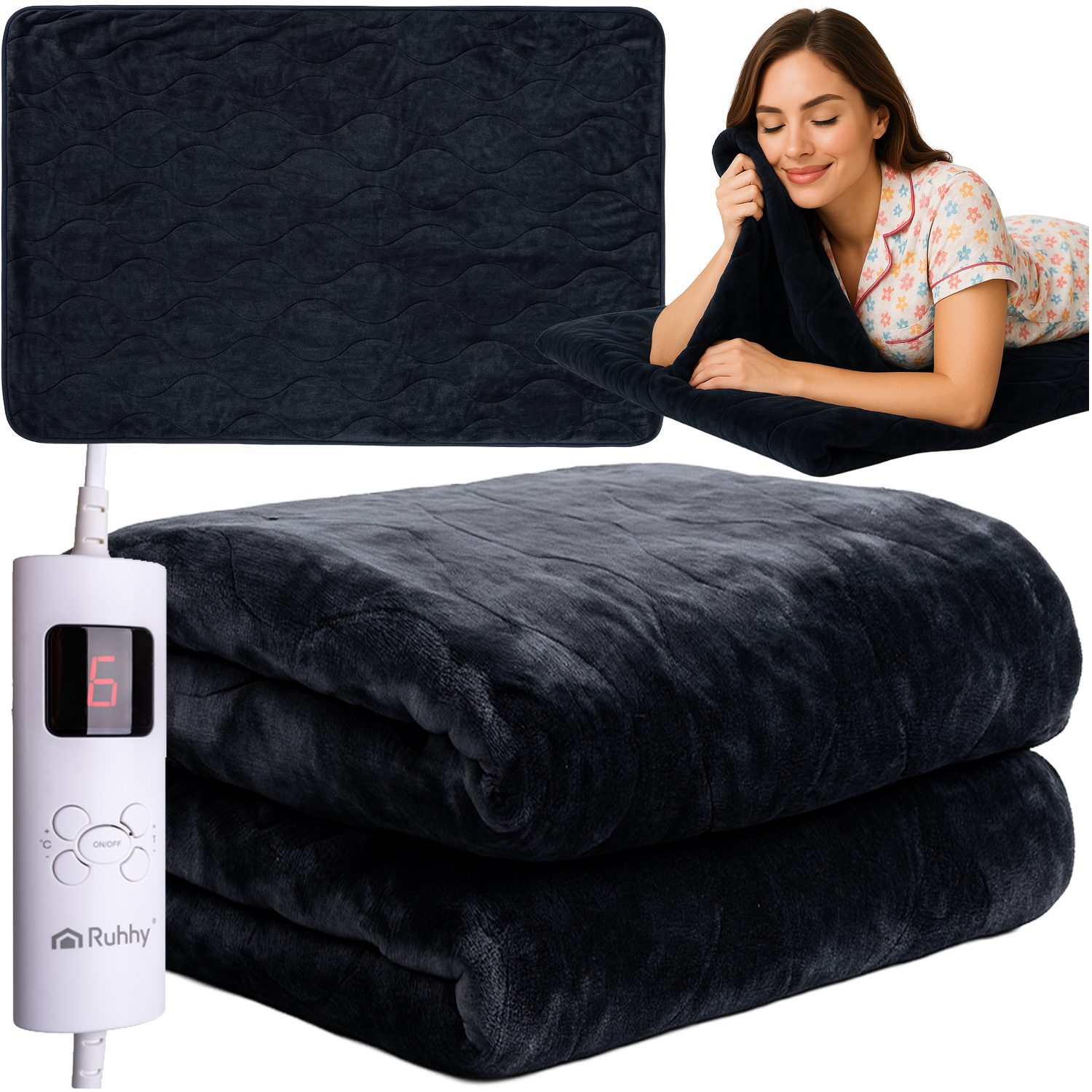 Svart Elektrisk Dubbel Värmefilt 180×130 cm i Polyester med 6 Värmenivåer, Timer och Fjärrkontroll
