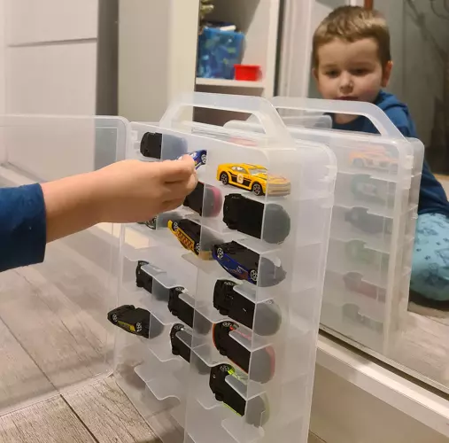 Förvaringsväska för Leksaksbilar – Transparent Resväska med Hylla för 46 Bilar