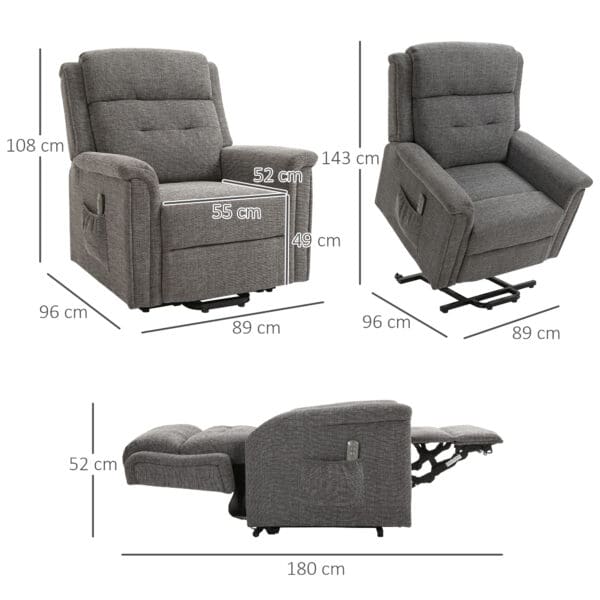 Elektrisk vilfåtölj med ståhjälp och full recline – grå linnelook, fjärrstyrd komfort för maximal avkoppling - Bild 3