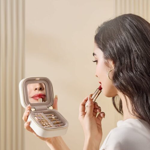 Res smyckeskrin, liten smyckeförvaring med spegel, 10,5 x 10,5 x 6 cm