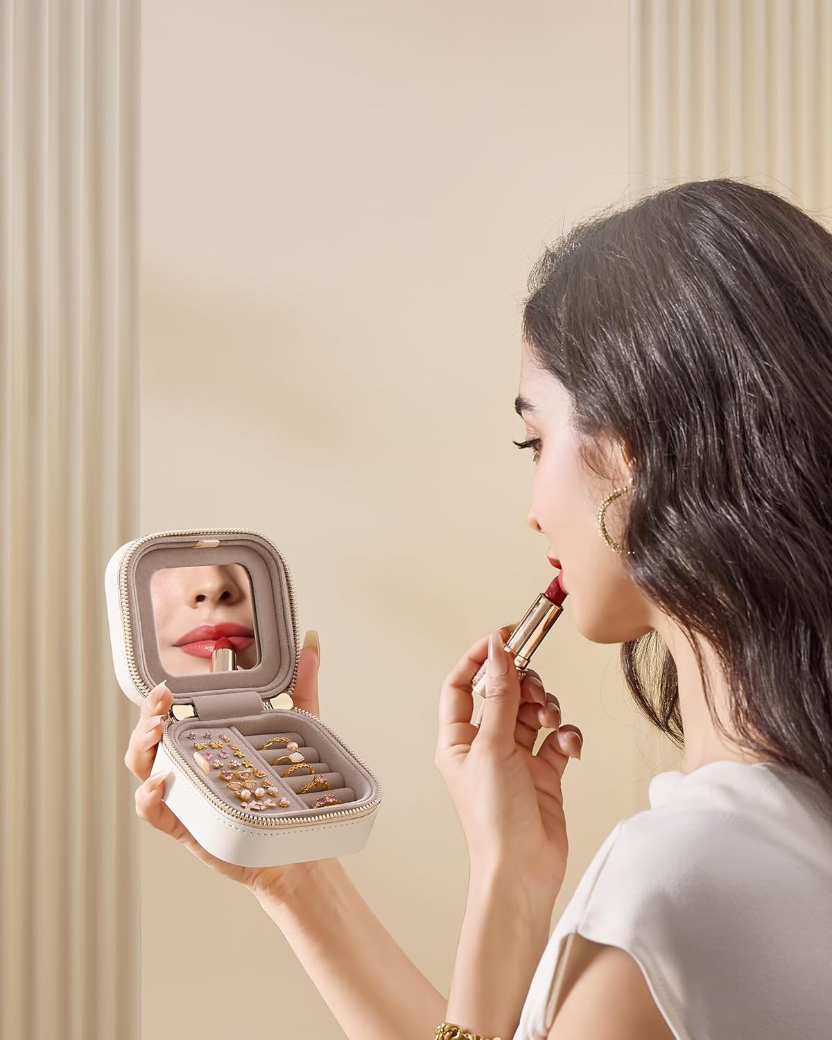 Res smyckeskrin, liten smyckeförvaring med spegel, 10,5 x 10,5 x 6 cm