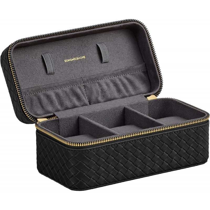 Resefodral för 3 klockor med 3 fack – RONNE Collection, läder i bläcksvart och skiffergrått foder