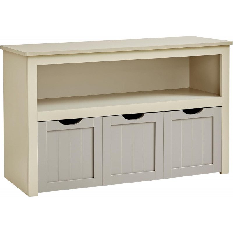 Retro konsolbord i beige med tre stora lådor och praktisk öppen förvaring
