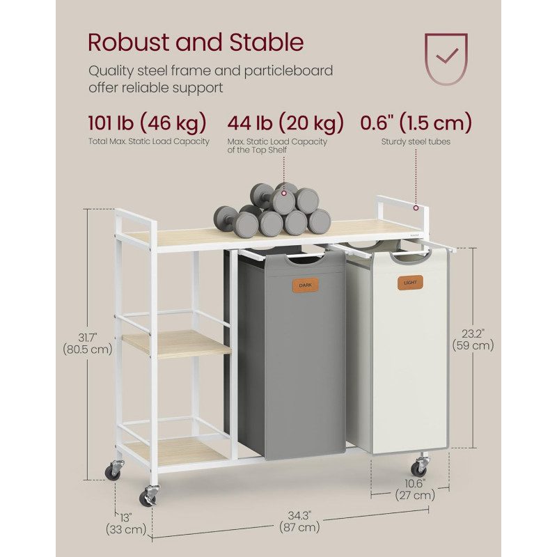 Rullande Tvättvagn med Hyllor – 2 Korgar, 100 Liter, Grå