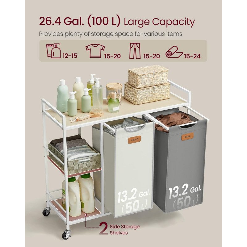 Rullande Tvättvagn med Hyllor – 2 Korgar, 100 Liter, Grå