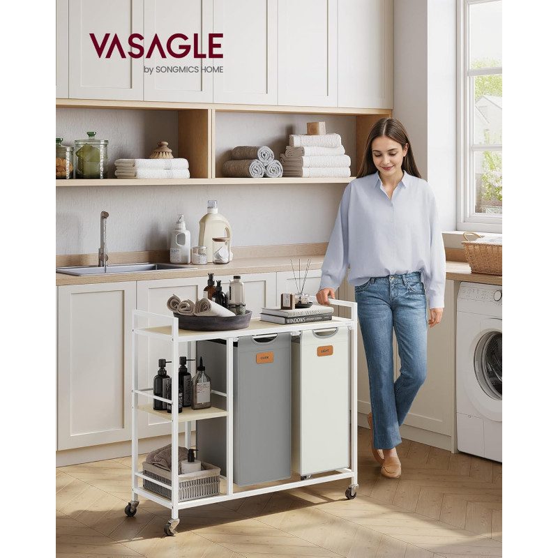 Rullande Tvättvagn med Hyllor – 2 Korgar, 100 Liter, Grå