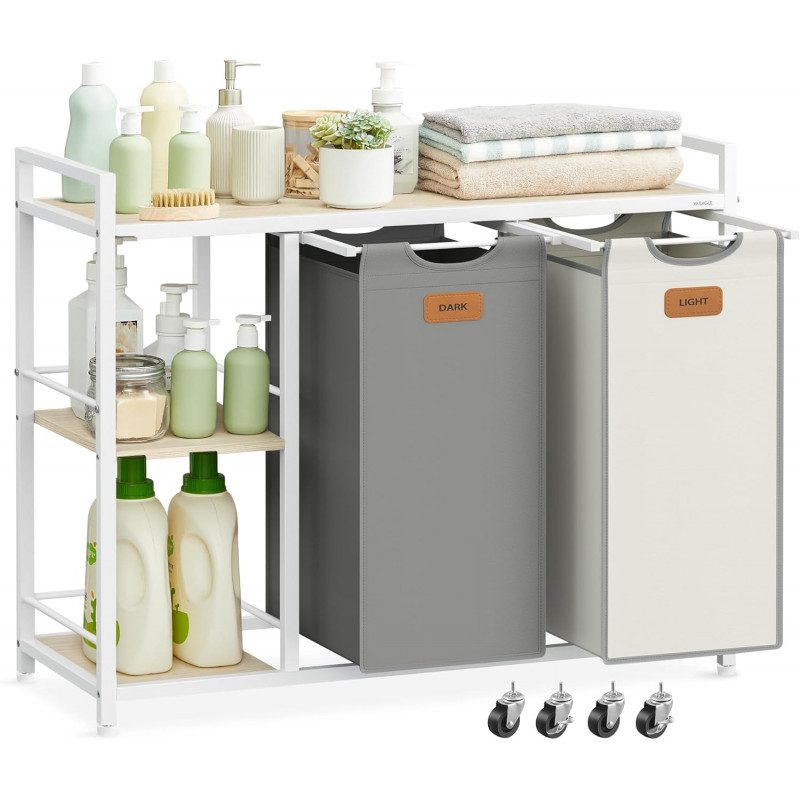 Rullande Tvättvagn med Hyllor – 2 Korgar, 100 Liter, Grå