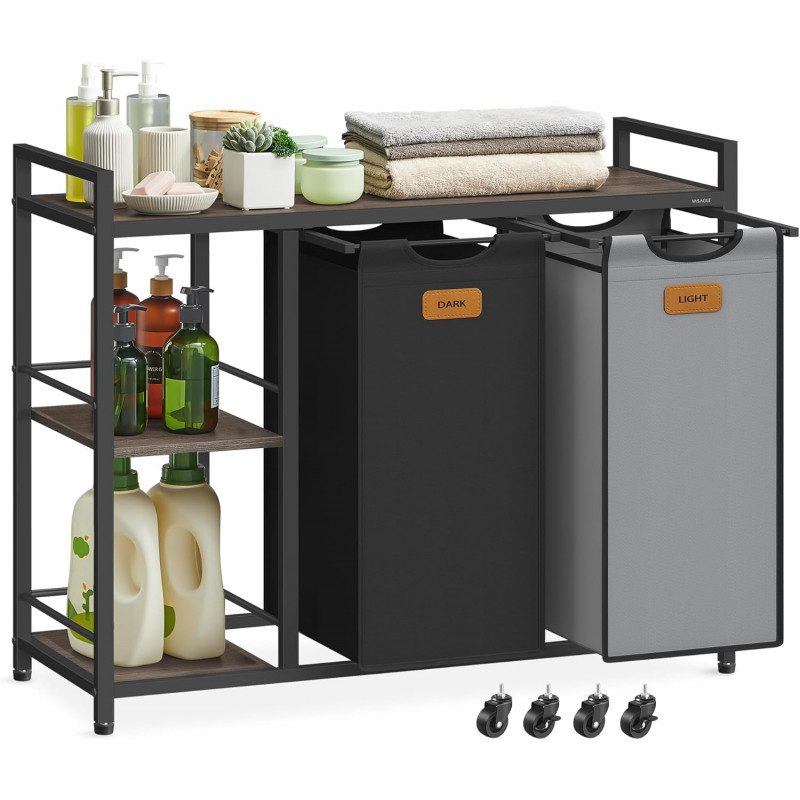 Rullande Tvättvagn med Hyllor – 2 Korgar, 100 Liter, Svart