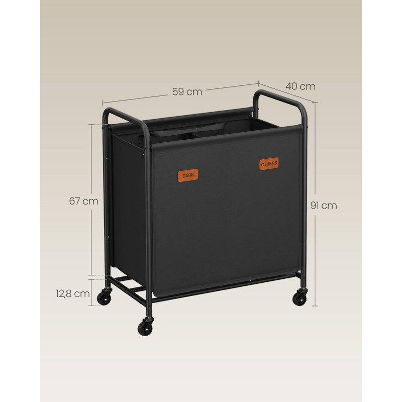 Rullbar Tvättsorterare 140 L – 2 Sektioner, Svart