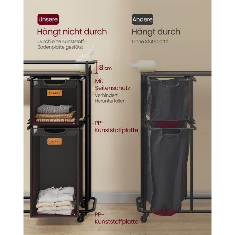 Rullbar Tvättsorterare 150L – 4 Korgar, 72,4 x 33 x 109,1 cm