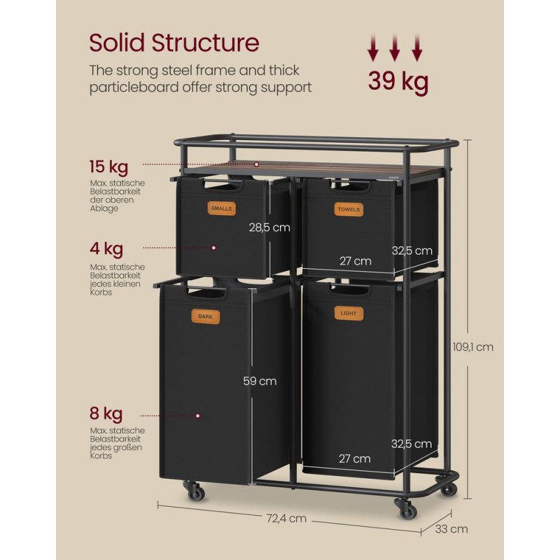 Rullbar Tvättsorterare 150L – 4 Korgar, 72,4 x 33 x 109,1 cm