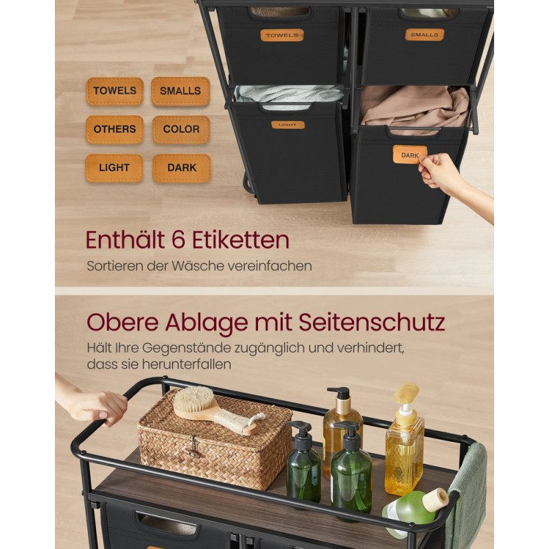 Rullbar Tvättsorterare 150L – 4 Korgar, 72,4 x 33 x 109,1 cm