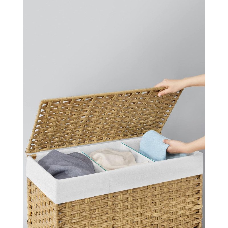 Rullbar Tvättsorterare 160L – 3 Fack, Naturlig, 70 x 36 x 66 cm