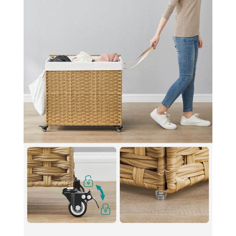 Rullbar Tvättsorterare 160L – 3 Fack, Naturlig, 70 x 36 x 66 cm