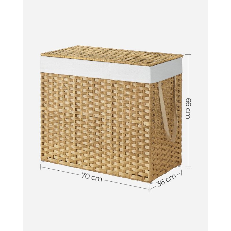 Rullbar Tvättsorterare 160L – 3 Fack, Naturlig, 70 x 36 x 66 cm