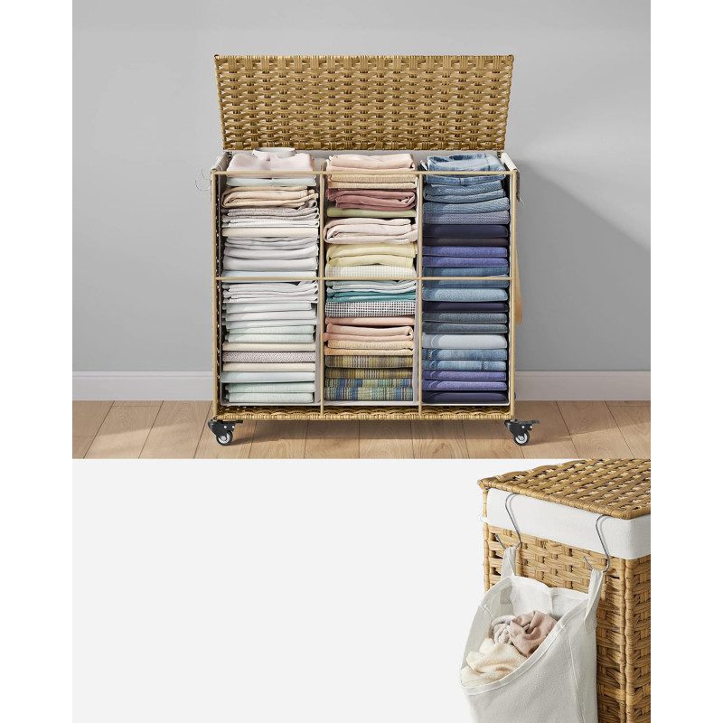 Rullbar Tvättsorterare 160L – 3 Fack, Naturlig, 70 x 36 x 66 cm