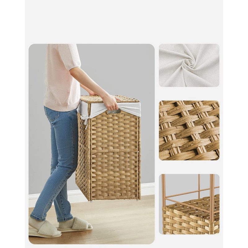 Rullbar Tvättsorterare 160L – 3 Fack, Naturlig, 70 x 36 x 66 cm