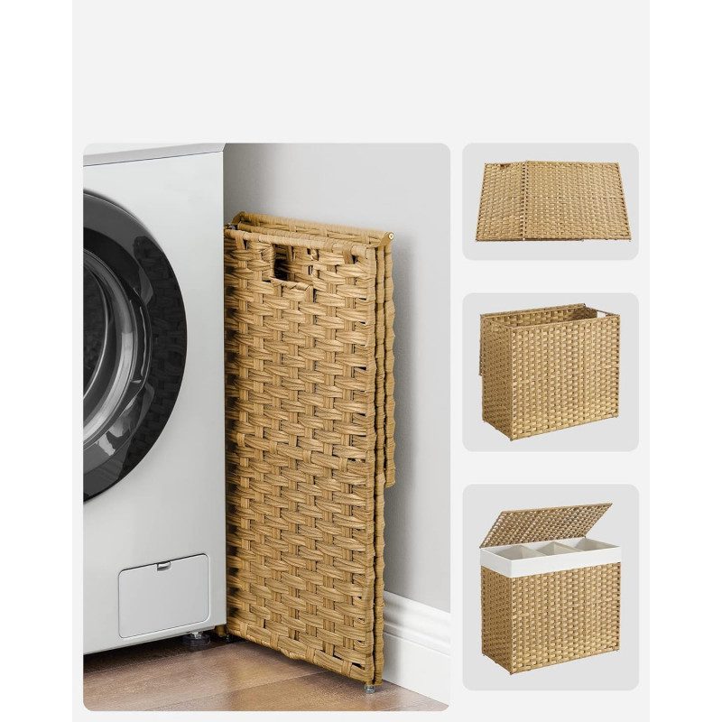 Rullbar Tvättsorterare 160L – 3 Fack, Naturlig, 70 x 36 x 66 cm