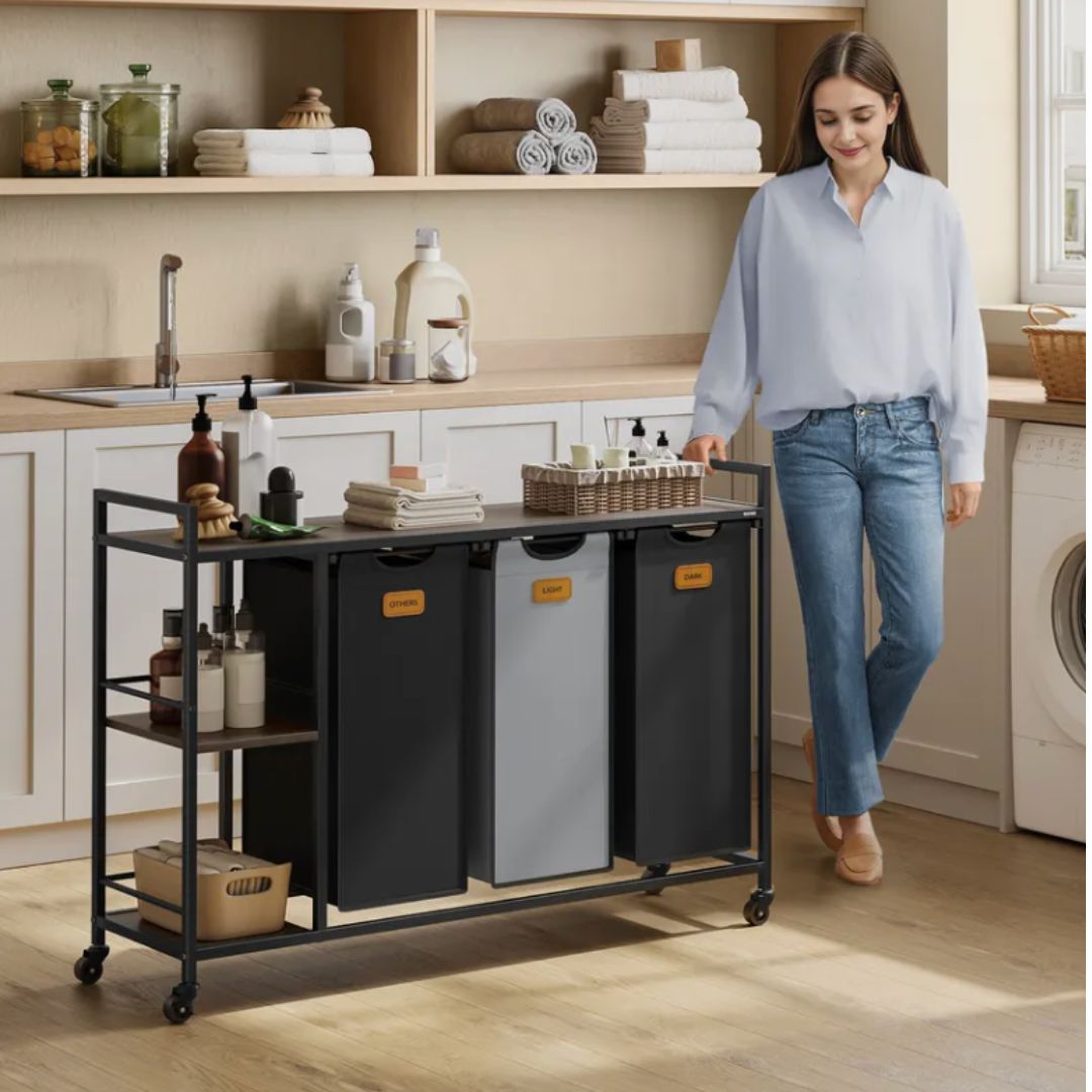 Rullbar tvättvagn med 3 korgar – 2 hyllor, 117×33×80,5 cm, svart