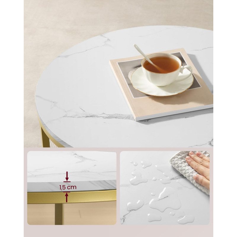 Runt Soffbord i Guld med Vit Marmorskiva – 65 x 46 cm