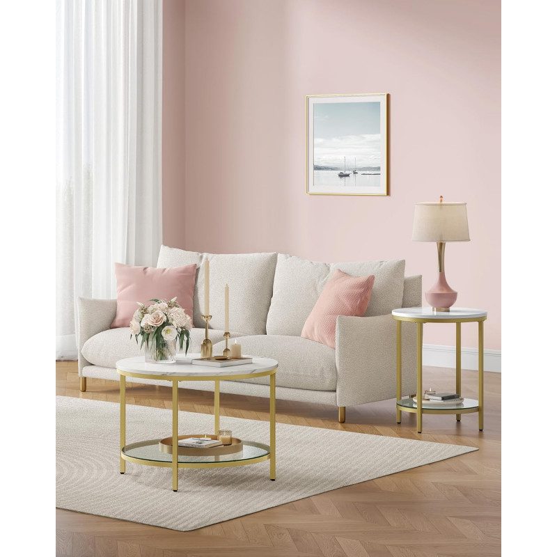 Runt Soffbord i Guld med Vit Marmorskiva – 65 x 46 cm