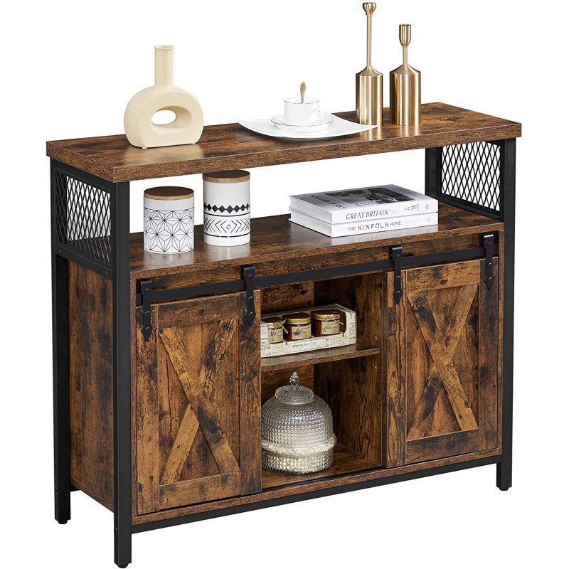 Rustik industriell skänk med skjutdörrar och smart förvaring, 100 × 33 × 80 cm
